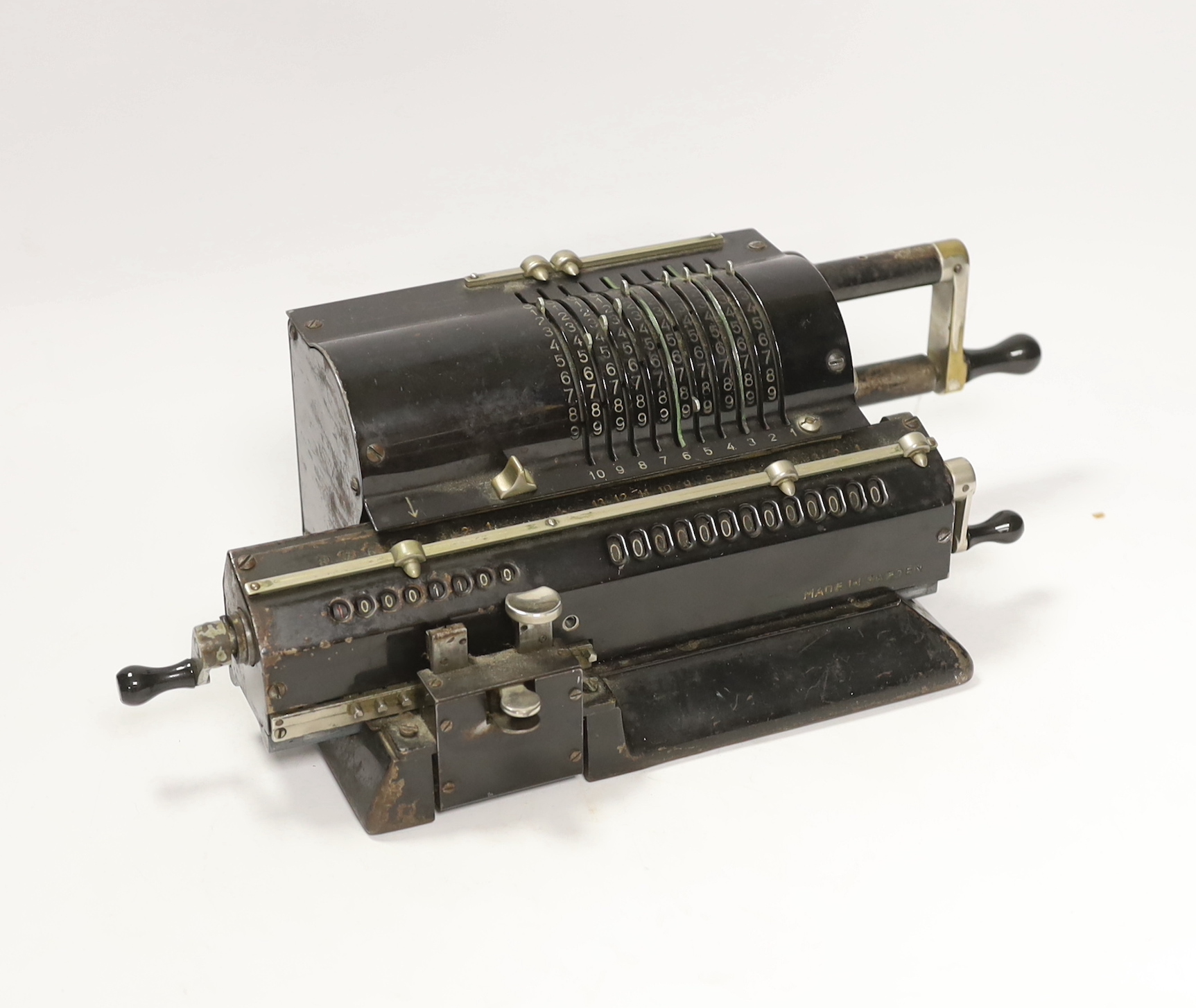 An early twentieth century Russian Original Odhner Arthmometer mechanical pinwheel calculator, 34cm wide
